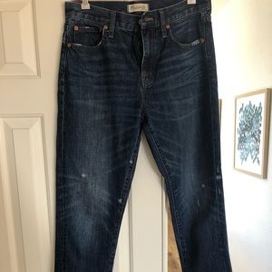 Straight leg cropped dark wash slightly distressed